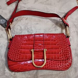 NWT Vince Camuto Red Croc Alligator Embossed Leather Purse Bag 2 Straps